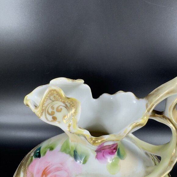 Antique Nippon Hand Painted Green Vase Pitcher Ewer Floral Gold Trim Porcelain - Picture 12 of 16